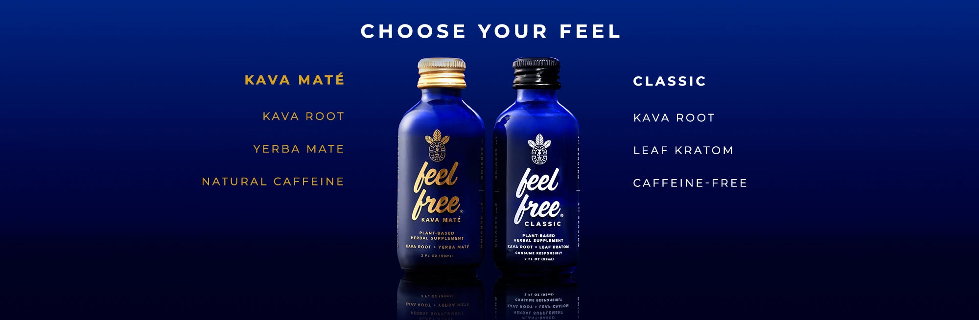 Two blue bottles labeled 'feel free' on a dark blue background with text options.